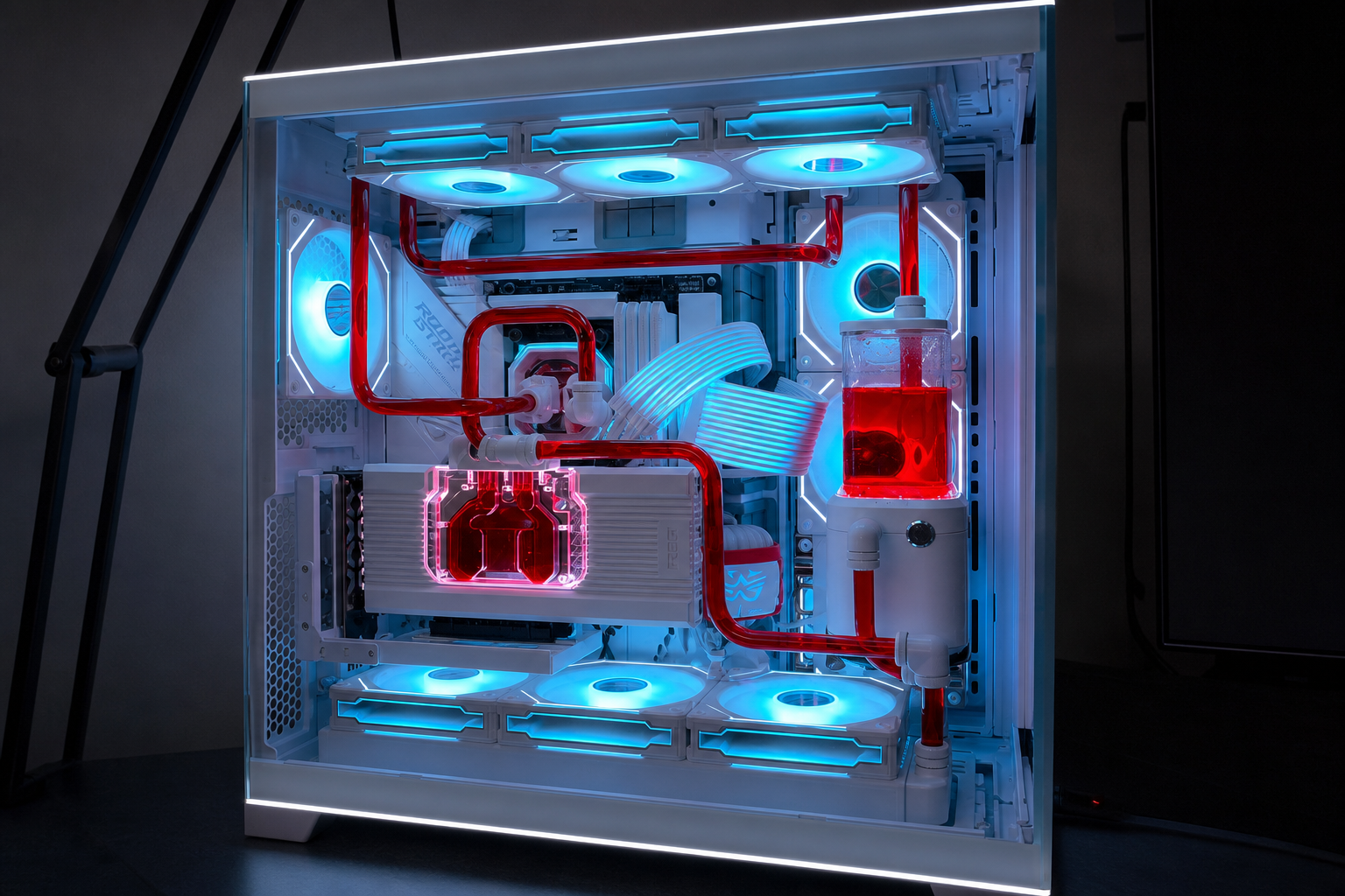 Ice & Fire — белая O11, красный coolant и cyan-подсветка — фото 1